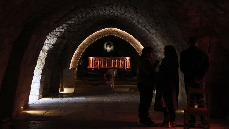People stand near the shrine of Saint Charbel at the Saint Maroun monastery, which the pope is expected to visit during his trip to Lebanon, in Annaya