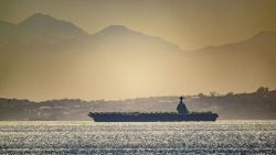 USS Gerald R. Ford aircraft carrier in the sea waters as seen from Gibraltar