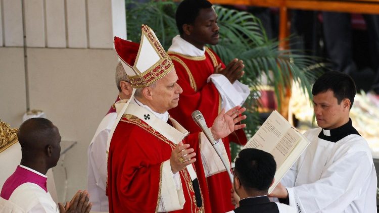 Pope Leo XIV leads the Angelus prayer during Palm Sunday at the Vatican