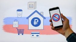 Um homem segura um smartphone com o ícone do aplicativo Telegram riscado sobre uma tela com símbolos gráficos associados a pequenas empresas, tendo como fundo a bandeira russa. Esta ilustração foi tirada em 20 de abril de 2026.