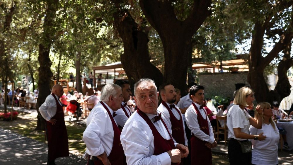 Pope Leo has lunch with vulnerable people from the Diocese of Rome at Borgo Laudato Si, in Castel Gandolfo