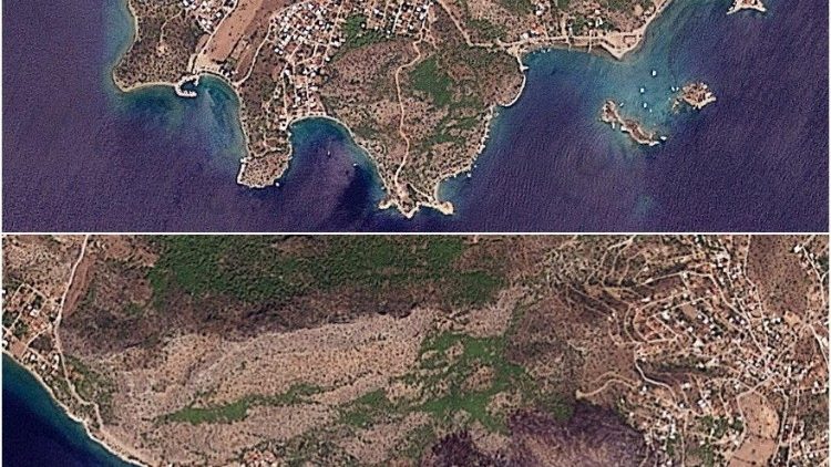 Gabungan citra satelit menunjukkan Pulau Salamina di Yunani sebelum dan sesudah dilanda kebakaran hutan baru-baru ini.
