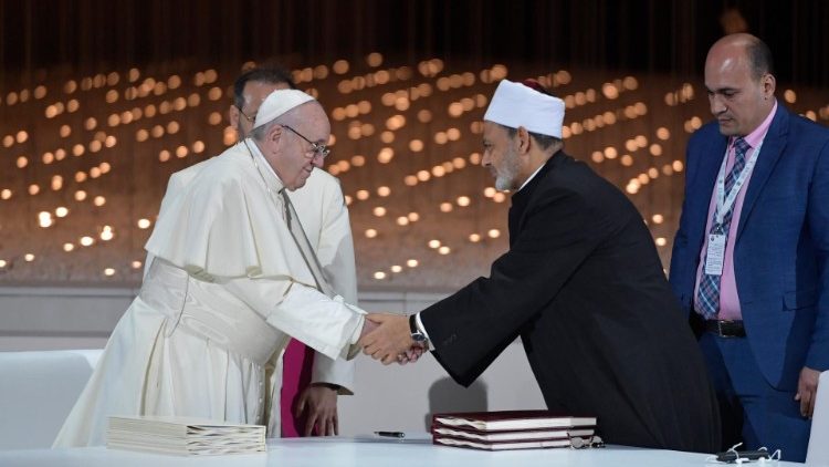 Pope Francis with the Grand Imam of Al Azhar, Al Tayyeb, during his historic visit to Abu Dhabi