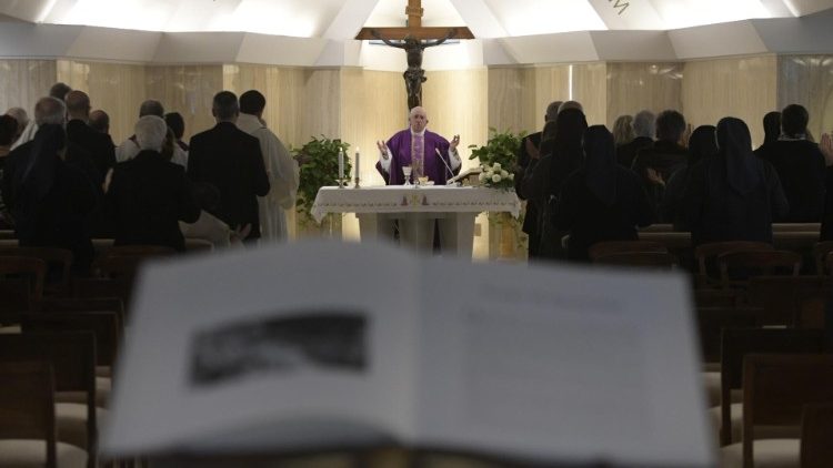 File photo of Pope Francis in the chapel of the Casa Santa Marta
