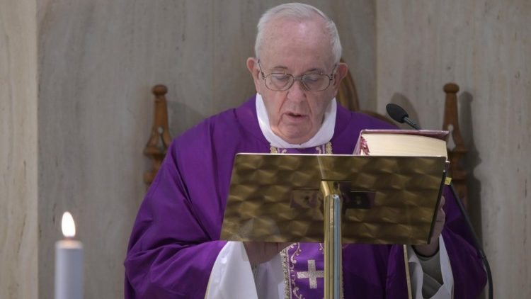 Pope Francis at the Casa Santa Marta celebrating the liturgy, 23 March 2020