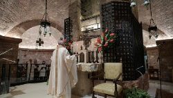Pope Francis celebrates Mass at the tomb of St Francis in Assisi in 2020