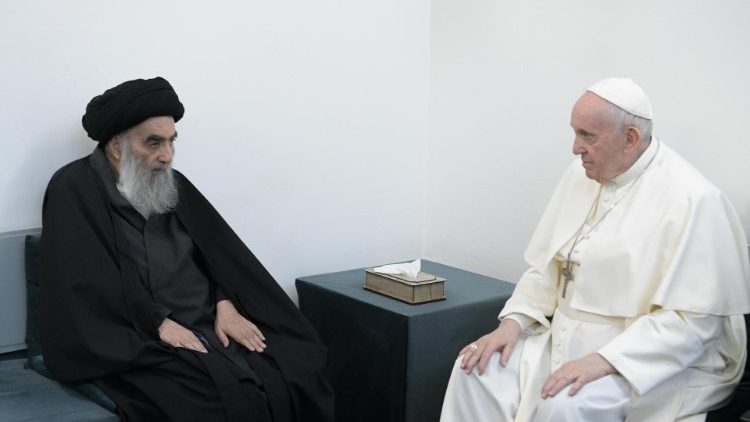 Pope Francis and the Grand Ayatollah Sayyid Ali Al-Husayni Al-Sistani in Iraq in March 2021 