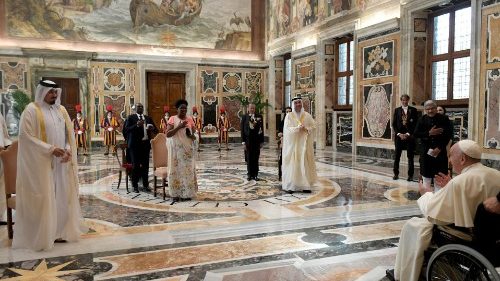 Pope Francis with new ambassadors to the Holy See during the ceremony for the presentation of credentials