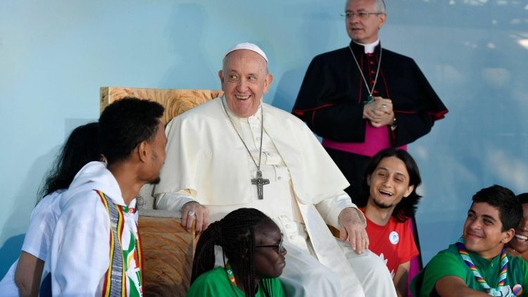 Papa Francisco no Parque Eduardo VII, em Lisboa, durante cerimônia de acolhida da JMJ em 2023