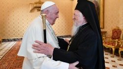 Pope Francis and Ecumenical Patriarch Bartholomew embrace during a meeting in Rome in September