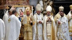 Patriarch Absi (center left) presides over the Byzantine rite Mass