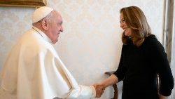 Pope Francis meets with Amy Pope in the Vatican's Apostolic Palace
