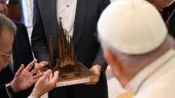 Pope Francis views a model of the Sagrada Familia Basilica
