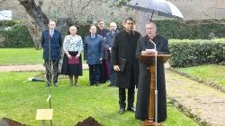 Parolin bíboros államtitkár a Vatikáni kertekben beszédet mond az Ulma család tiszteletére elültetett almafa ceremóniáján