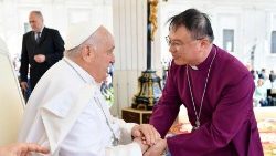 A member of the delegation from the Hong Kong Christian Council greets the Pope during the General Audience