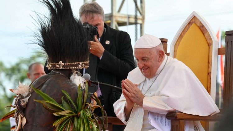 Pope Francis greets a tribal leader in Vanimo, Papua New Guinea, on September 8, 2024