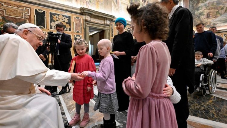 Children patients of the Oncology and Pediatric Hematology Clinic in Poland greet Pope Francis