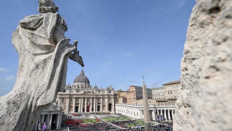 Thousands of volunteers gathered in St. Peter's Square for Mass on Sunday as the Pope recovers in hospital