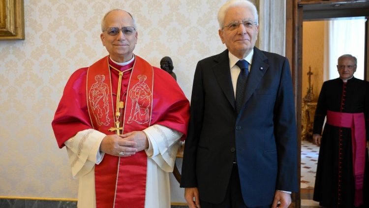 Pope Leo XIV poses for an official photo with Italian President Sergio Mattarella on June 6, 2025