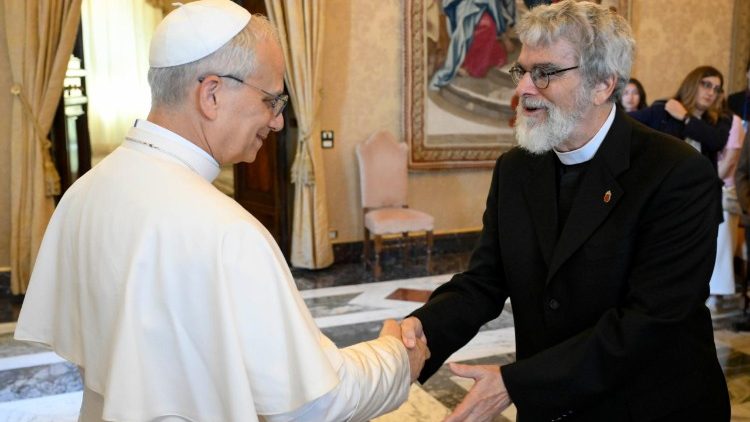 Pope Leo shakes hands with Brother Guy Consolmagno, SJ, President of the Vatican Observatory Foundation