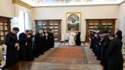 Pope Leo XIV greets priests at the end of their missionary year at the Pontifical Ecclesiastical Academy