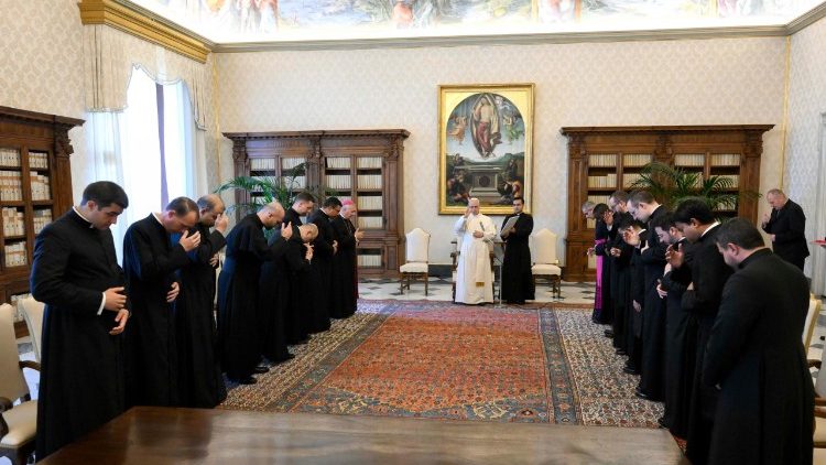 Pope Leo XIV greets priests at the end of their missionary year at the Pontifical Ecclesiastical Academy