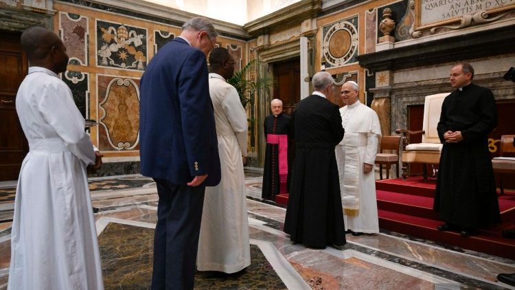 Az audiencia résztvevői a pápa elé járulnak