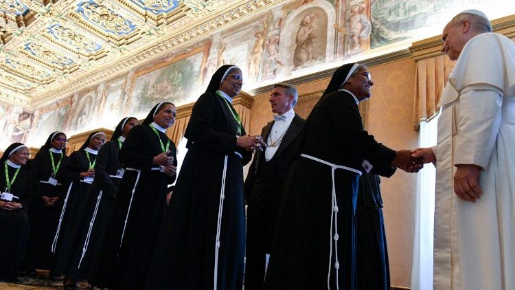 Pope Leo meets with participants in a meeting with consecrated women