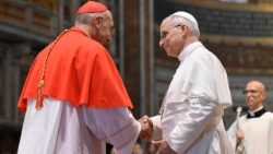 Pope Leo XIV shakes hands with the Vicar General of Rome, Cardinal Baldo Reina