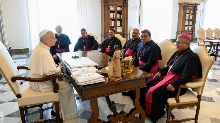 O Papa Leão XIV com uma delegação de bispos bolivianos no Vaticano