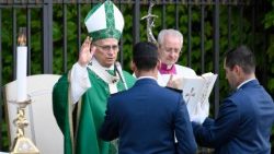 El Santo Padre preside la santa misa en la Gruta de Lourdes de los Jardines Vaticanos el domingo 5 de octubre de 2025.