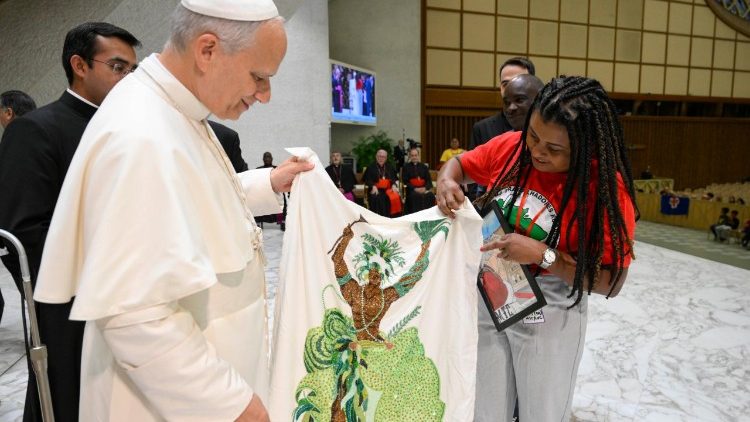 Pope Leo XIV meeting with participants at the Fifth World Meeting of Popular Movements