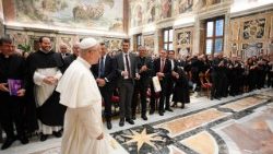 Pope Leo XIV arrives at the meeting with members of the "Organizacion de Universidades Catolicas de America Latina y el Caribe", ODUCAL