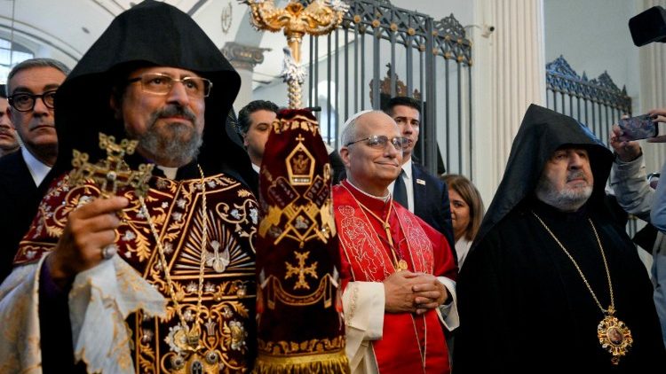 Patriarch Sahak II and Pope Leo XIV at the Armenian Apostolic Cathedral, the Holy Mother of God Patriarchal Church