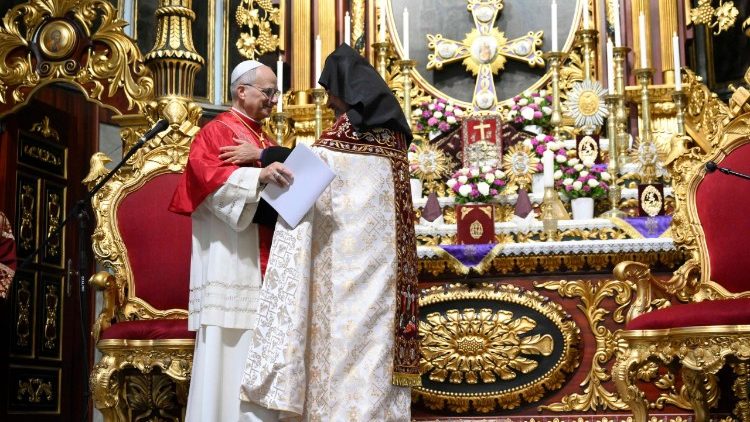 Pope Leo XIV and Patriarch Sahak II during the Pope's visit to the Armenian Apostolic Cathedral in Istanbul