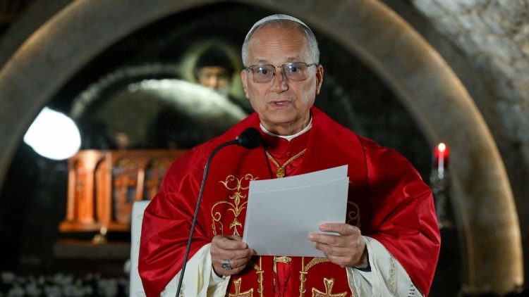 Pope Leo delivers his speech at the tomb of St Charbel