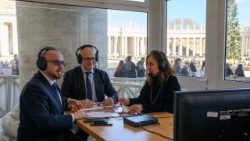Roberto Gualtieri is interviewed at the Vatican Radio booth in St Peter's Square
