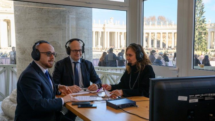 Roberto Gualtieri is interviewed at the Vatican Radio booth in St Peter's Square