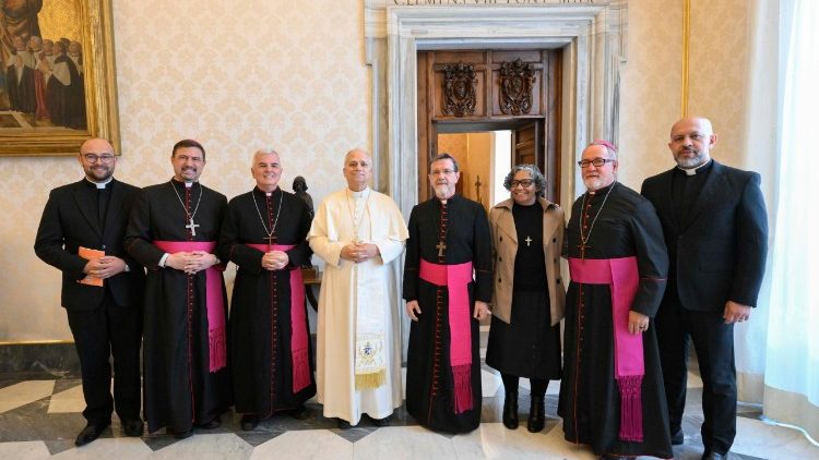 Os membros da Comissão Episcopal para Ação Missionária e Cooperação Intereclesial da CNBB com o Papa