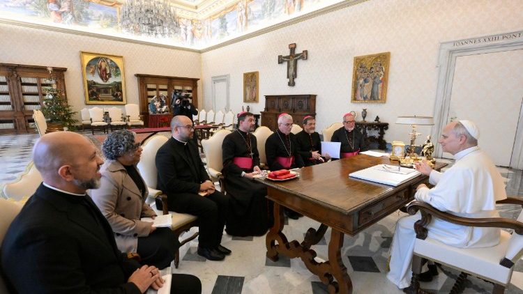Os membros da Comiss&atilde;o Episcopal para A&ccedil;&atilde;o Mission&aacute;ria e Coopera&ccedil;&atilde;o Intereclesial com o Papa Le&atilde;o