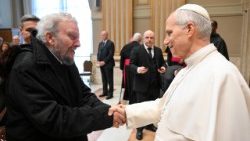 Pope Leo XIV shakes hands with Kiko Argüello, co-founder of the Neocatechumenal Way