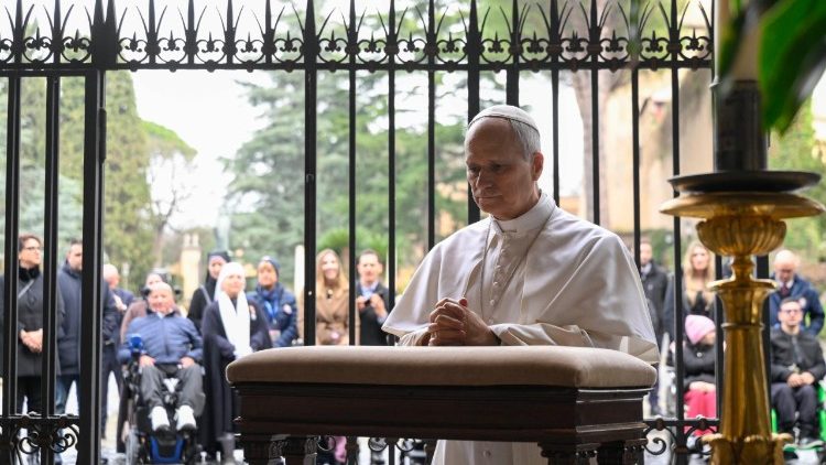 Pope Leo with sick people at the Lourdes Grotto in the Vatican Gardens for the feast of Our Lady of Lourdes
