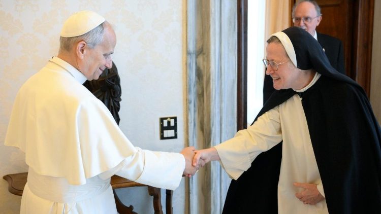 Papst Leo XIV. und Sr. Helen Alford, O.P., Präsidentin der Päpstlichen Akademie der Sozialwissenschaften und im Hintergrund Professor Joachim von Braun, Präsident der Päpstlichen Akademie der Wissenschaften