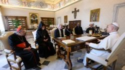 Die Delegation des Weltkirchenrates in Audienz bei Papst Leo XIV.  mit Kurienkardinal Kurt Koch (links) und Heinrich Bedford-Strohm (dritter von links)