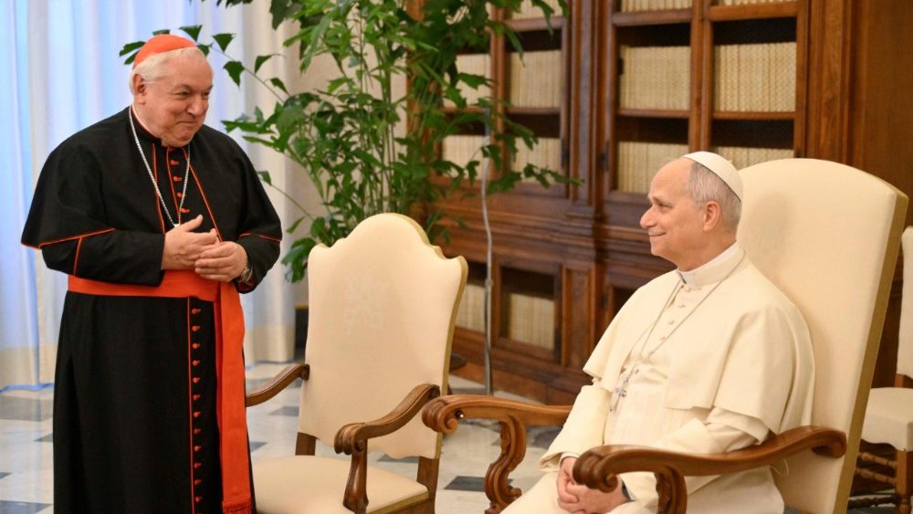 La délégation du COMED, la coordination ecclésiale de la Méditerranée, reçue par le Pape Léon XIV dans la bibliothèque du Palais apostolique, le 12 mars 2026.