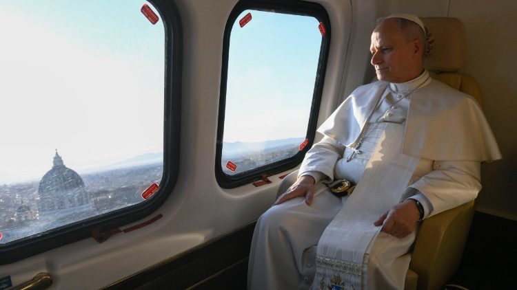 Pope Leo XIV aboard the helicopter taking him to Monaco