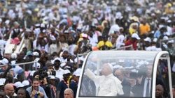 Pope Leo XIV greets the faithful gathered in Kilamba for Holy Mass on 19 April
