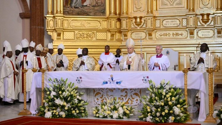 Le&atilde;o XIV durante a missa na Bas&iacute;lica da Imaculada Concei&ccedil;&atilde;o, em Mongomo, Guin&eacute; Equatorial