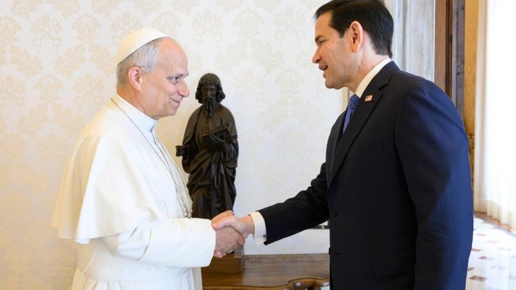 Pope Leo XIV shakes hands with US Secretary of State Marco Rubio on May 7, 2026