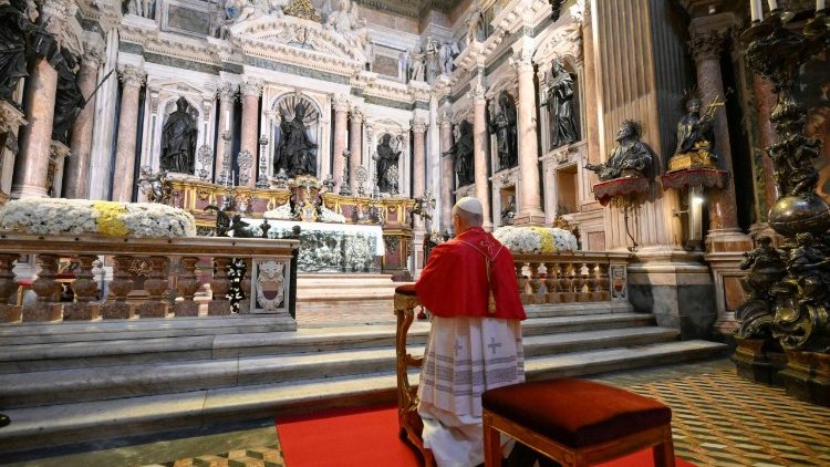 Pope Leo XIV during the meeting with clergy and religious in the Naples Cathedral